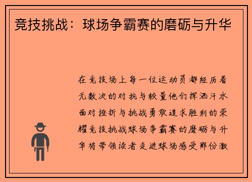 竞技挑战：球场争霸赛的磨砺与升华